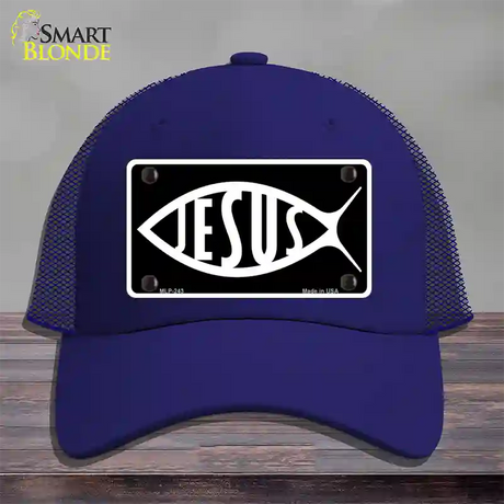 Jesus Fish Novelty License Plate Hat Mesh / Royal Blue