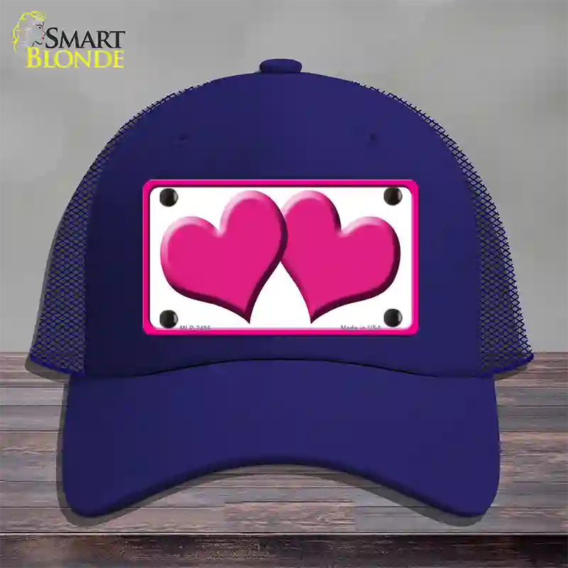 Solid Pink Centered Hearts White Novelty License Plate Hat Mesh / Royal Blue