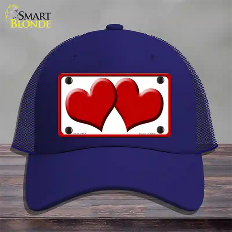 Solid Red Centered Hearts White Novelty License Plate Hat Mesh / Royal Blue