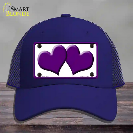 Solid Purple Centered Hearts White Novelty License Plate Hat Mesh / Royal Blue