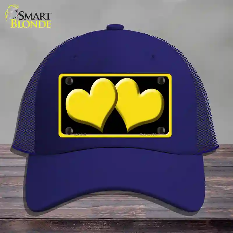 Solid Yellow Centered Hearts Black Novelty License Plate Hat Mesh / Royal Blue