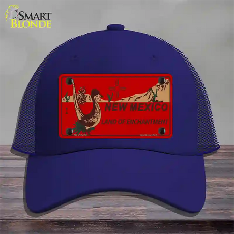 Roadrunner Red New Mexico Novelty License Plate Hat Mesh / Royal Blue