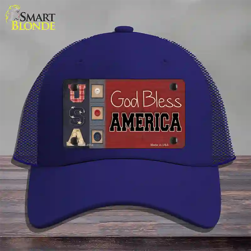 God Bless America Quilt Novelty License Plate Hat Mesh / Royal Blue