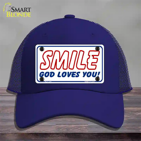 Smile God Loves You Novelty License Plate Hat Mesh / Royal Blue