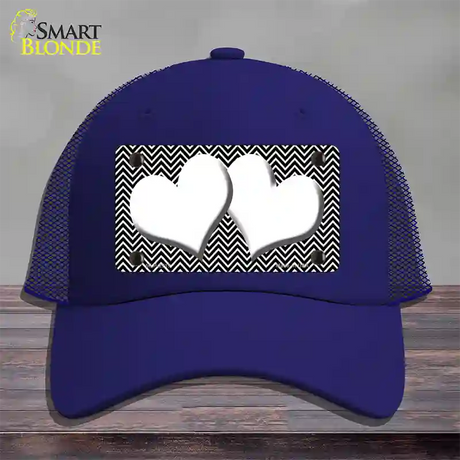 Black White Chevron White Center Hearts Novelty License Plate Hat Mesh / Royal Blue