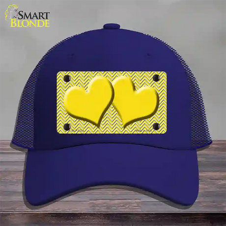 Yellow White Chevron Yellow Center Hearts Novelty License Plate Hat Mesh / Royal Blue