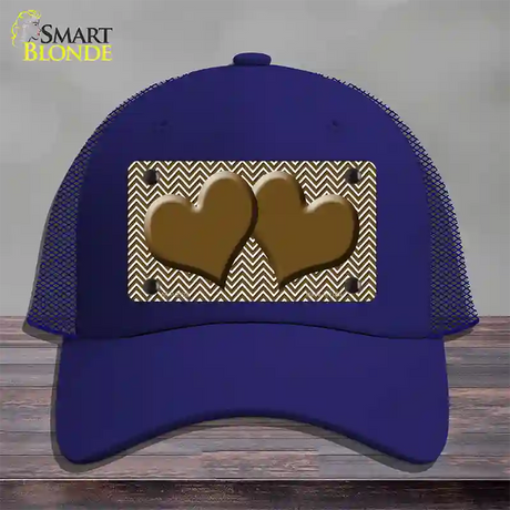 Brown White Chevron Brown Center Hearts Novelty License Plate Hat Mesh / Royal Blue