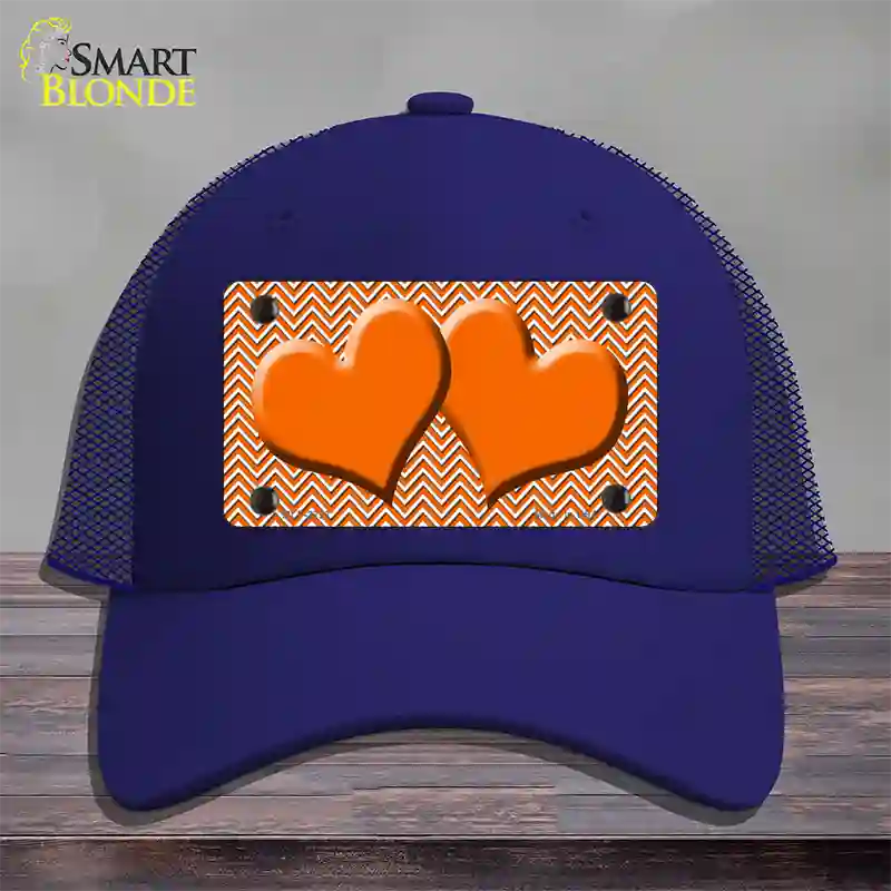 Orange White Chevron Orange Center Hearts Novelty License Plate Hat Mesh / Royal Blue