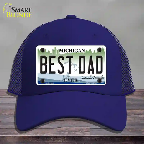 Best Dad Michigan State Novelty License Plate Hat Mesh / Royal Blue