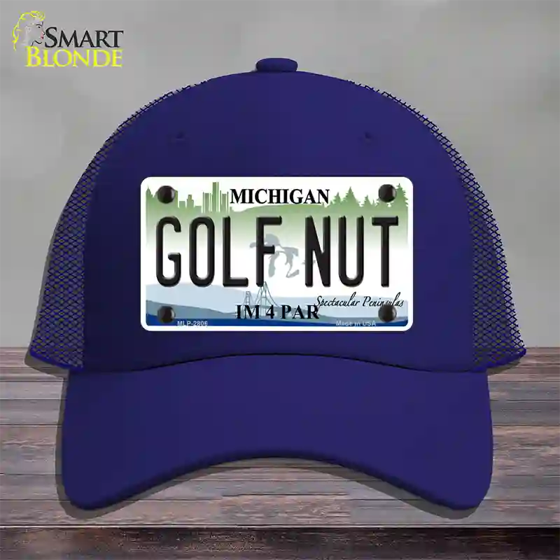 Golf Nut Michigan State Novelty License Plate Hat Mesh / Royal Blue