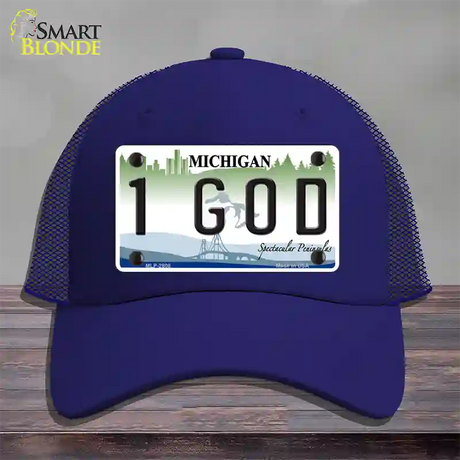 1 GOD Michigan State Novelty License Plate Hat Mesh / Royal Blue