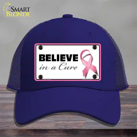 Believe In A Cure Novelty License Plate Hat Sign Mesh / Royal Blue