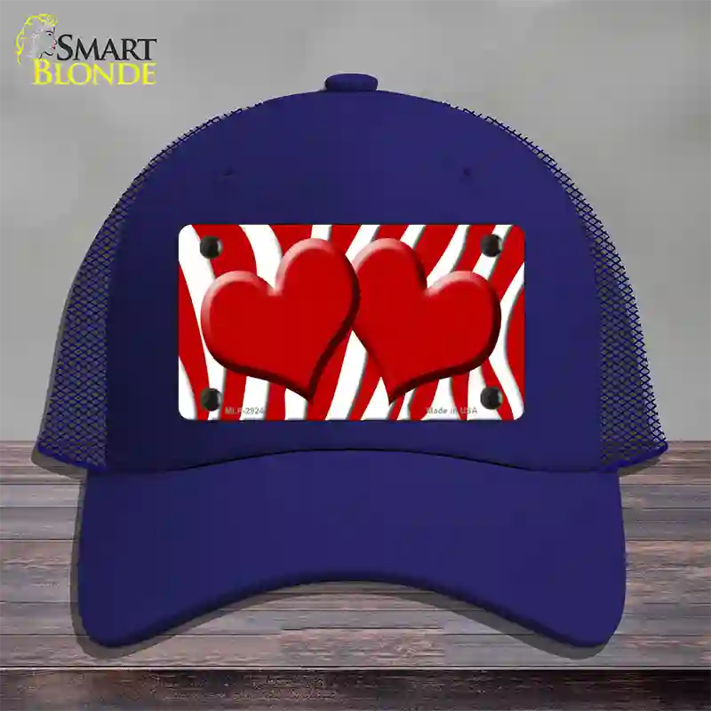 Red White Zebra Red Centered Hearts Novelty License Plate Hat Mesh / Royal Blue