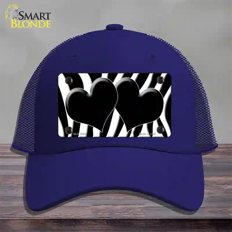 Black White Zebra Black Centered Hearts Novelty License Plate Hat Mesh / Royal Blue