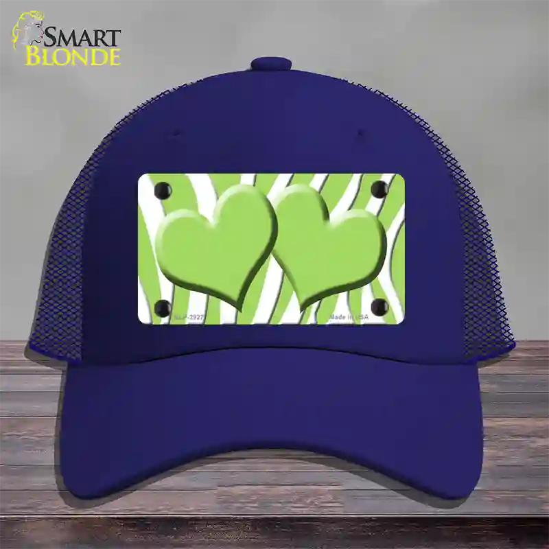 Lime Green White Zebra Lime Green Centered Hearts Novelty License Plate Hat Mesh / Royal Blue