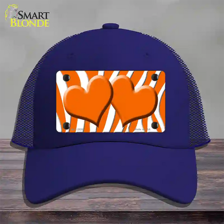 Orange White Zebra Orange Centered Hearts Novelty License Plate Hat Mesh / Royal Blue