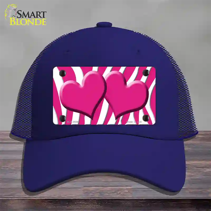 Pink White Zebra Pink Centered Hearts Novelty License Plate Hat Mesh / Royal Blue