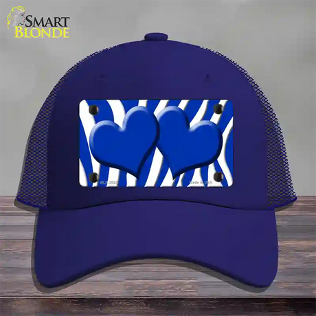 Blue White Zebra Blue Centered Hearts Novelty License Plate Hat Mesh / Royal Blue