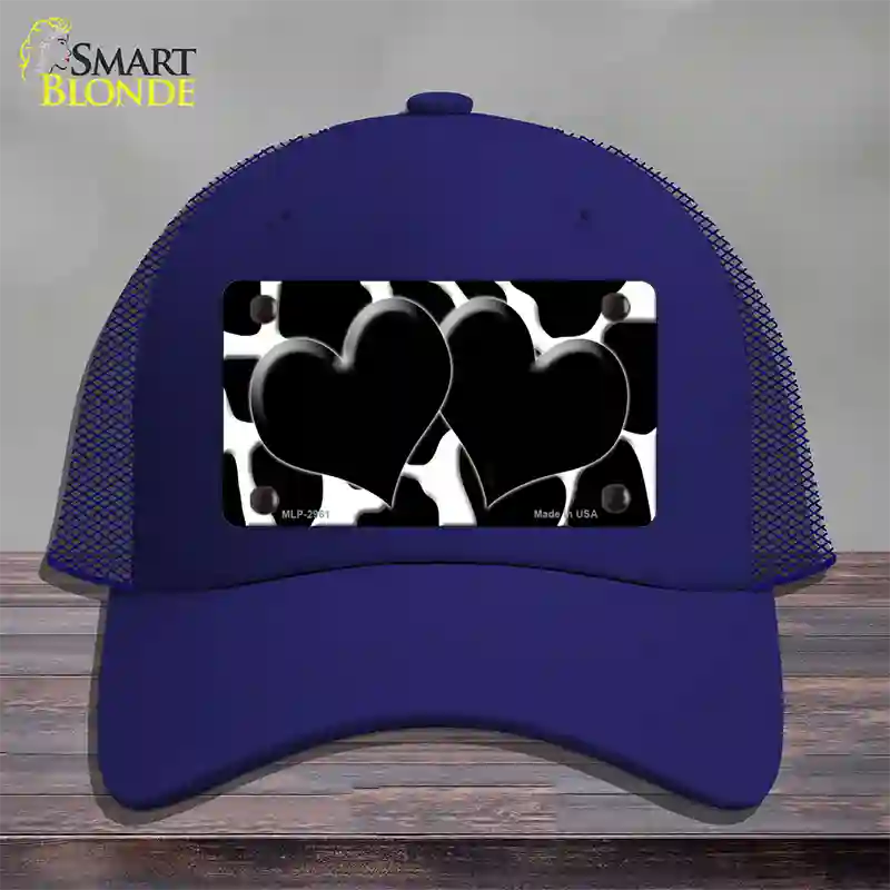 Black White Giraffe Black Centered Hearts Novelty License Plate Hat Mesh / Royal Blue