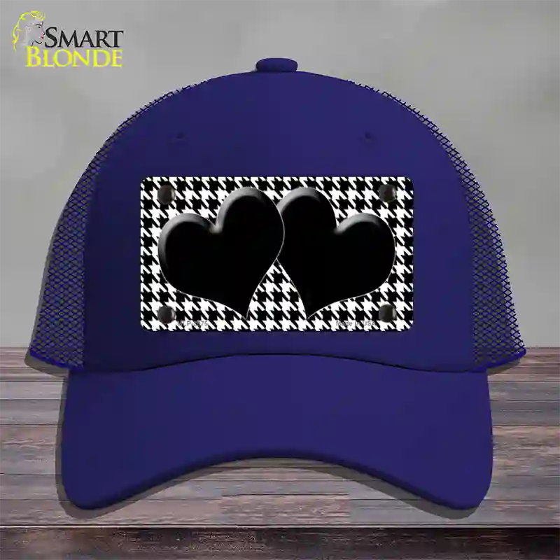 White Black Houndstooth Black Center Hearts Novelty License Plate Hat Mesh / Royal Blue