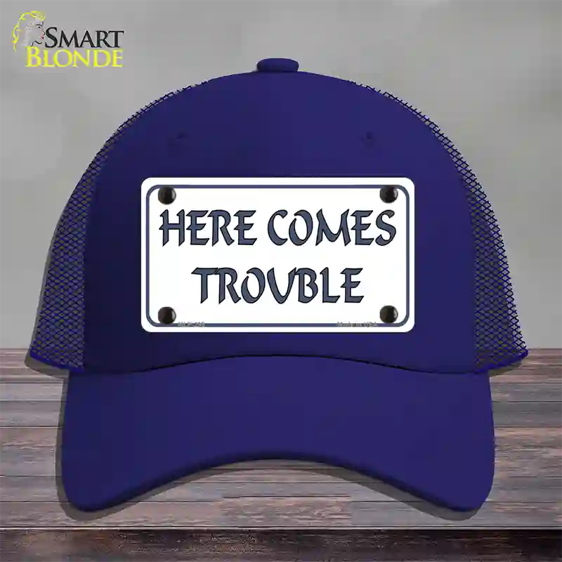 Here Comes Trouble Novelty License Plate Hat Mesh / Royal Blue