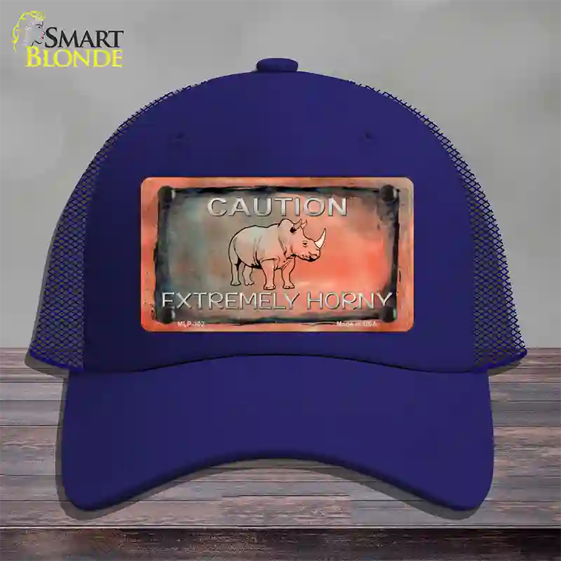 Caution Extremely Horny Novelty License Plate Hat Mesh / Royal Blue