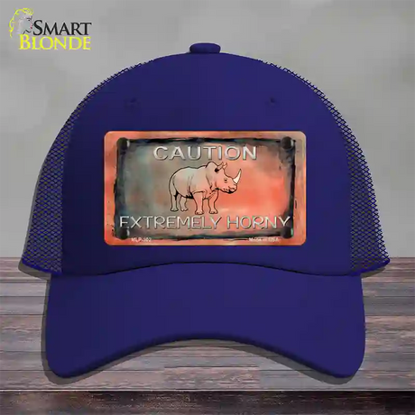 Caution Extremely Horny Novelty License Plate Hat Mesh / Royal Blue