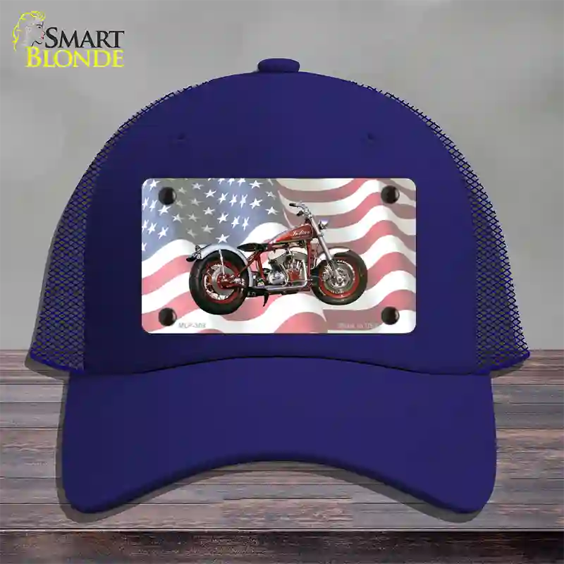 Indian Motorcycle American Flag Novelty License Plate Hat Mesh / Royal Blue