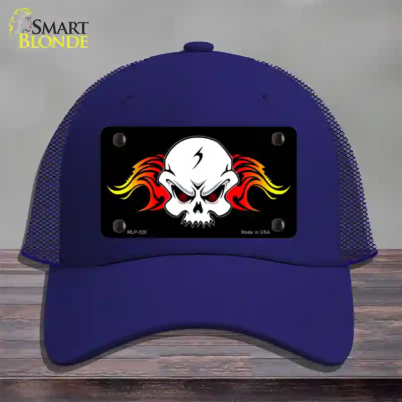 Skull Flame Novelty License Plate Hat Mesh / Royal Blue