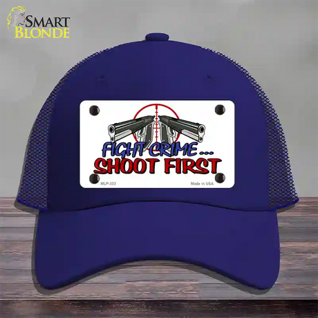 Fight Crime Shoot First Novelty License Plate Hat Mesh / Royal Blue