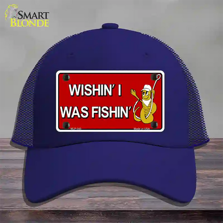 Wishin I Was Fishin Red Novelty License Plate Hat Mesh / Royal Blue