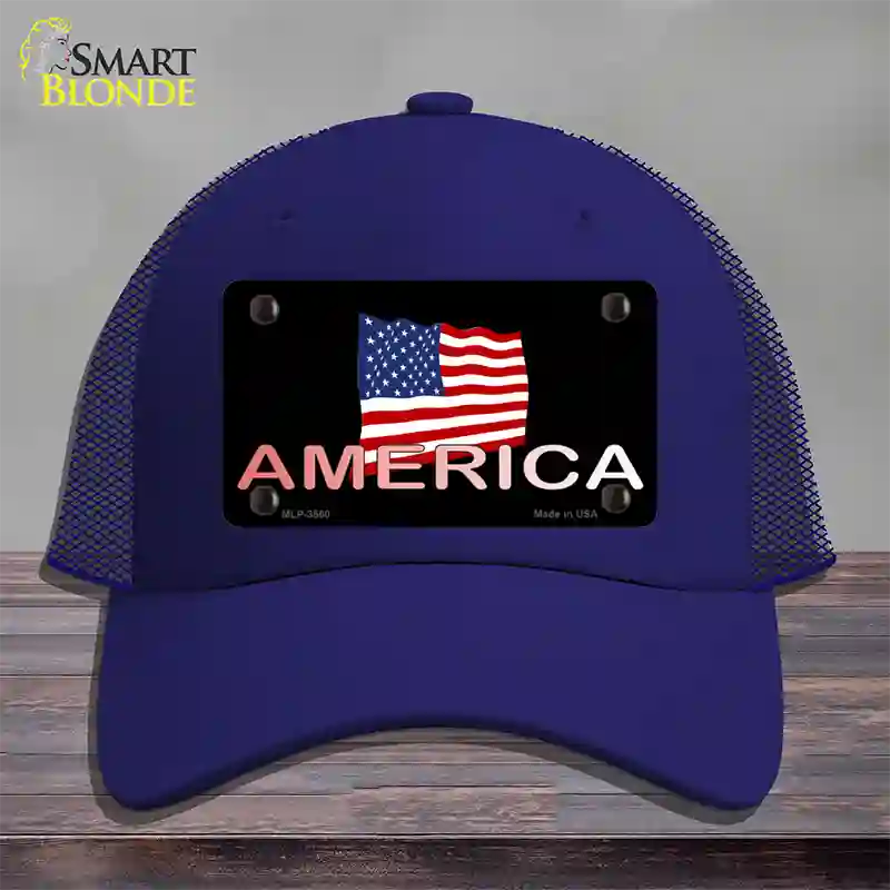 American Flag Black Novelty License Plate Hat Mesh / Royal Blue