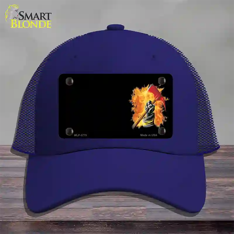 Firefighter Flaming Ax Offset Novelty License Plate Hat Mesh / Royal Blue