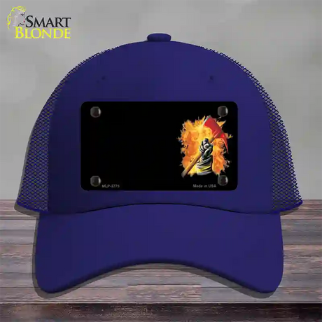 Firefighter Flaming Ax Offset Novelty License Plate Hat Mesh / Royal Blue