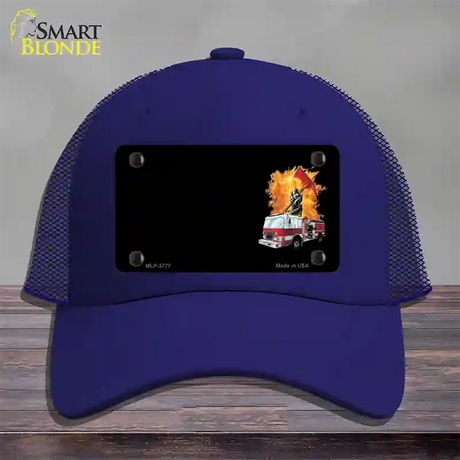 Fire Engine Flames Flaming Ax Offset Novelty License Plate Hat Mesh / Royal Blue