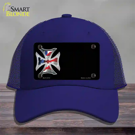 American Flag Maltese Cross Offset Novelty License Plate Hat Mesh / Royal Blue