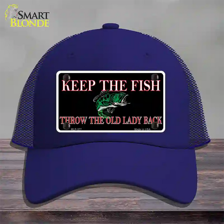 Keep the Fish Novelty License Plate Hat Mesh / Royal Blue