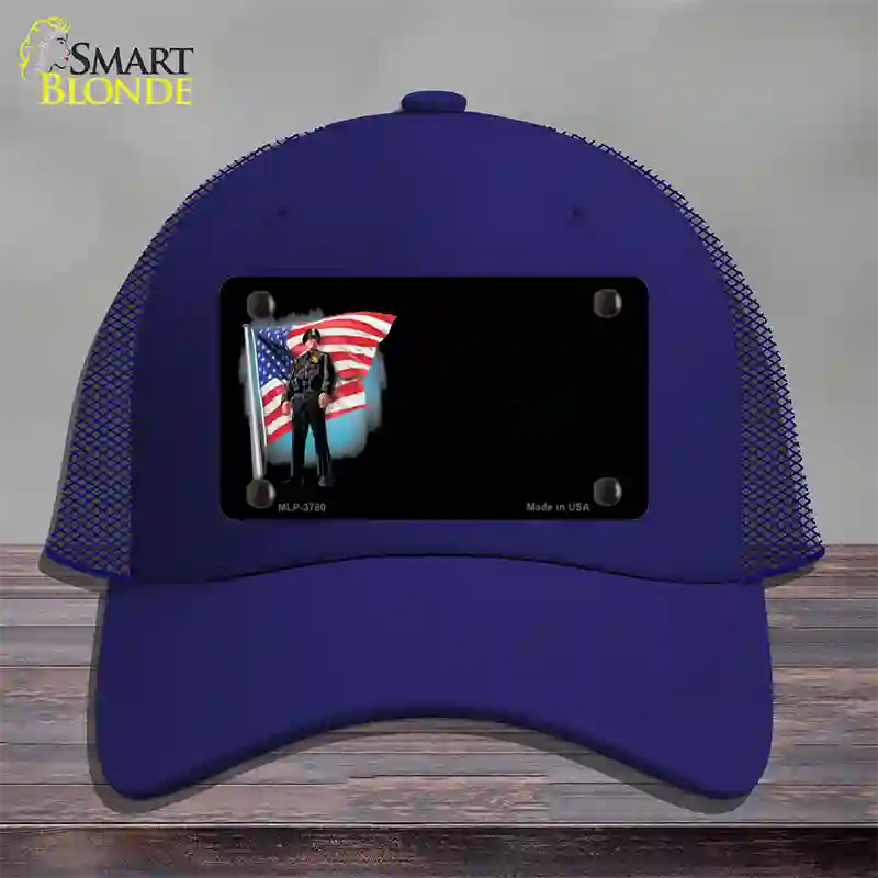 Police Officer American Flag Offset Novelty License Plate Hat Mesh / Royal Blue