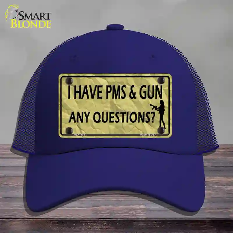 PMS And A Gun Novelty License Plate Hat Mesh / Royal Blue