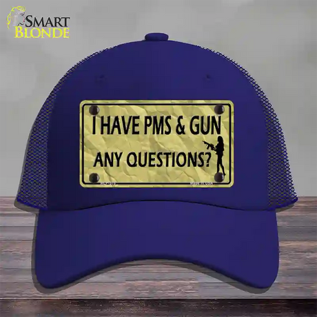 PMS And A Gun Novelty License Plate Hat Mesh / Royal Blue