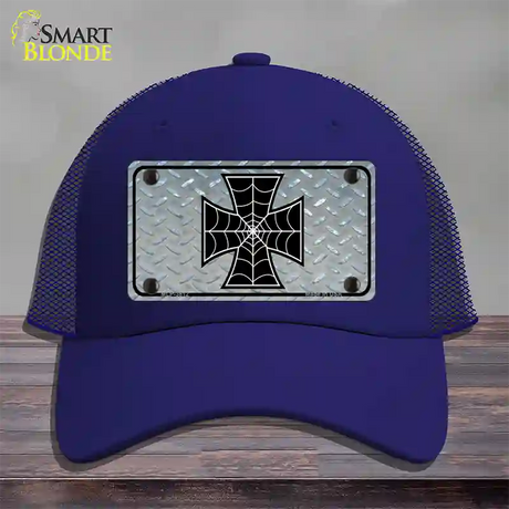 Maltese Cross Spider Web Novelty License Plate Hat Mesh / Royal Blue