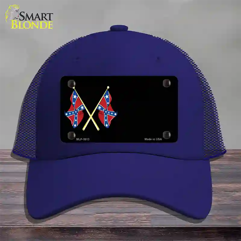 Crossed Rebel Flags Offset Novelty License Plate Hat Mesh / Royal Blue