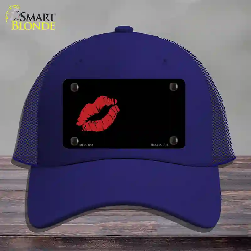 Red Lips Offset Novelty License Plate Hat Mesh / Royal Blue