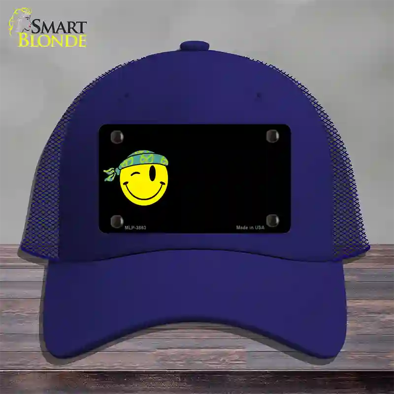 Winking Peace Smiley Offset Novelty License Plate Hat Mesh / Royal Blue