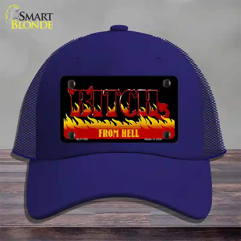 Bitch From Hell Flames Novelty License Plate Hat Mesh / Royal Blue