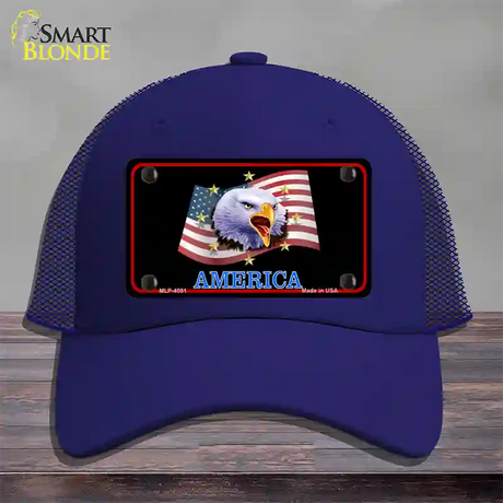 Waving Flag Bald Eagle Black Novelty License Plate Hat Mesh / Royal Blue