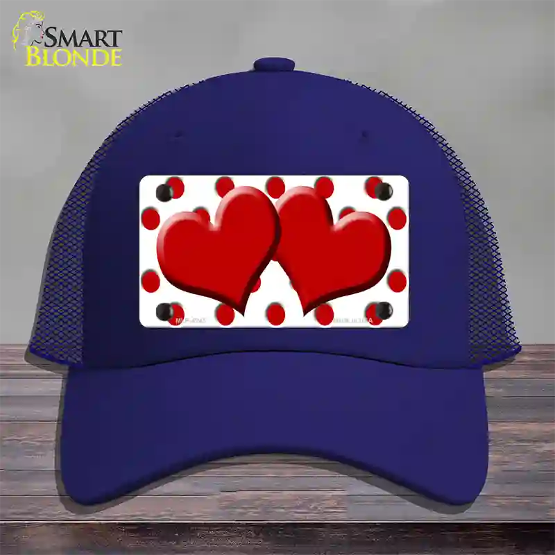 Red White Polka Dot Red Centered Hearts Novelty License Plate Hat Mesh / Royal Blue