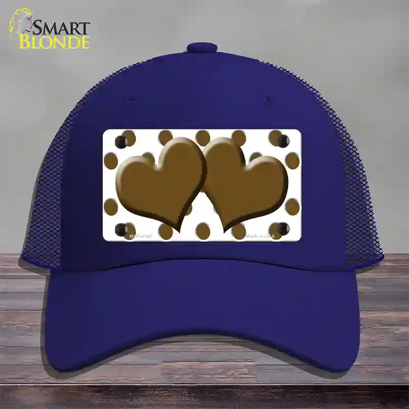 Brown White Polka Dot With Brown Centered Hearts Novelty License Plate Hat Mesh / Royal Blue