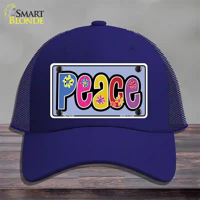 Peace And Flowers Novelty License Plate Hat Mesh / Royal Blue