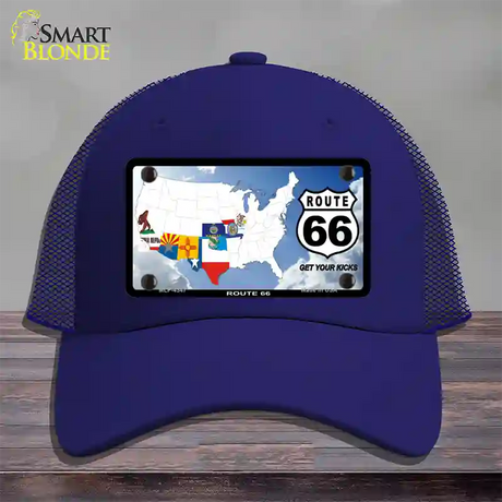 Route 66 8 Flags Clouds Novelty License Plate Hat Mesh / Royal Blue